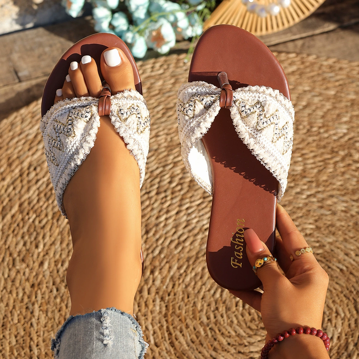 ID:21680 - Colorful webbing bohemian style flat flip flops